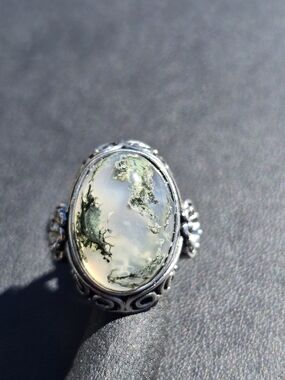 Green Moss Agate Adjustable Copper Ring